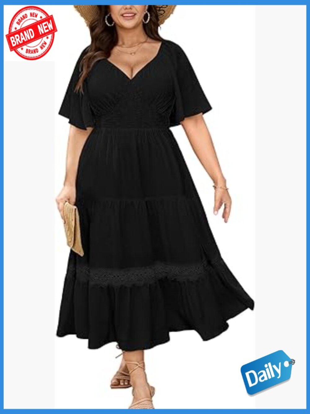 Plus Size Smocked Maxi Dress Deep V Neck Lace Trim Boho Beach